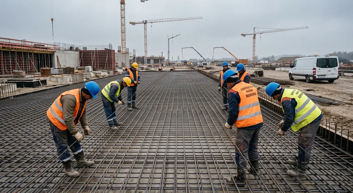 Bauarbeiter verlegen Bewehrungsstahl auf einer deutschen Großbaustelle