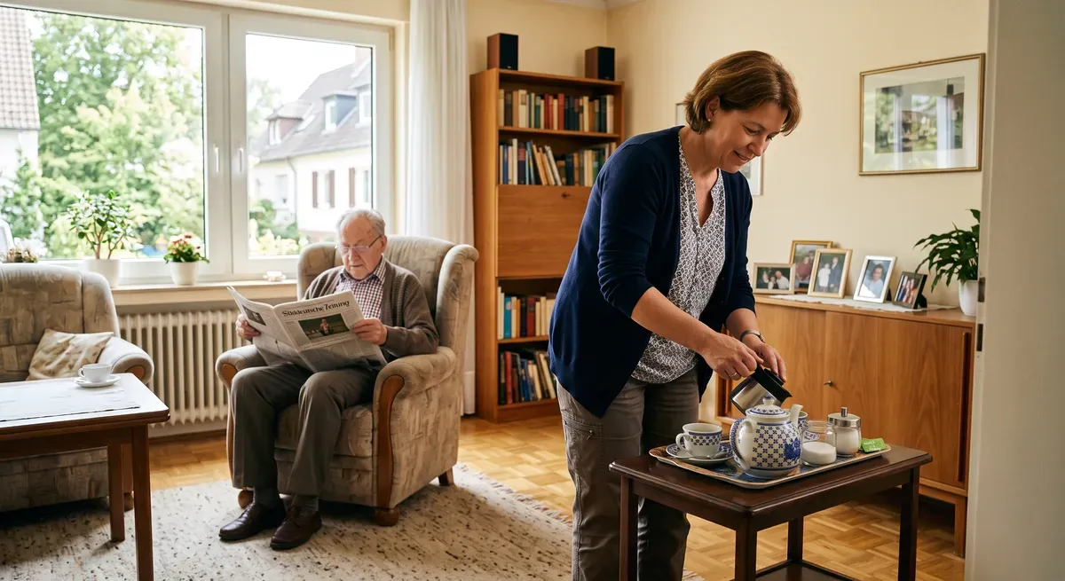 Betreuerin deckt den Frühstückstisch für einen älteren Herrn in dessen Wohnzimmer