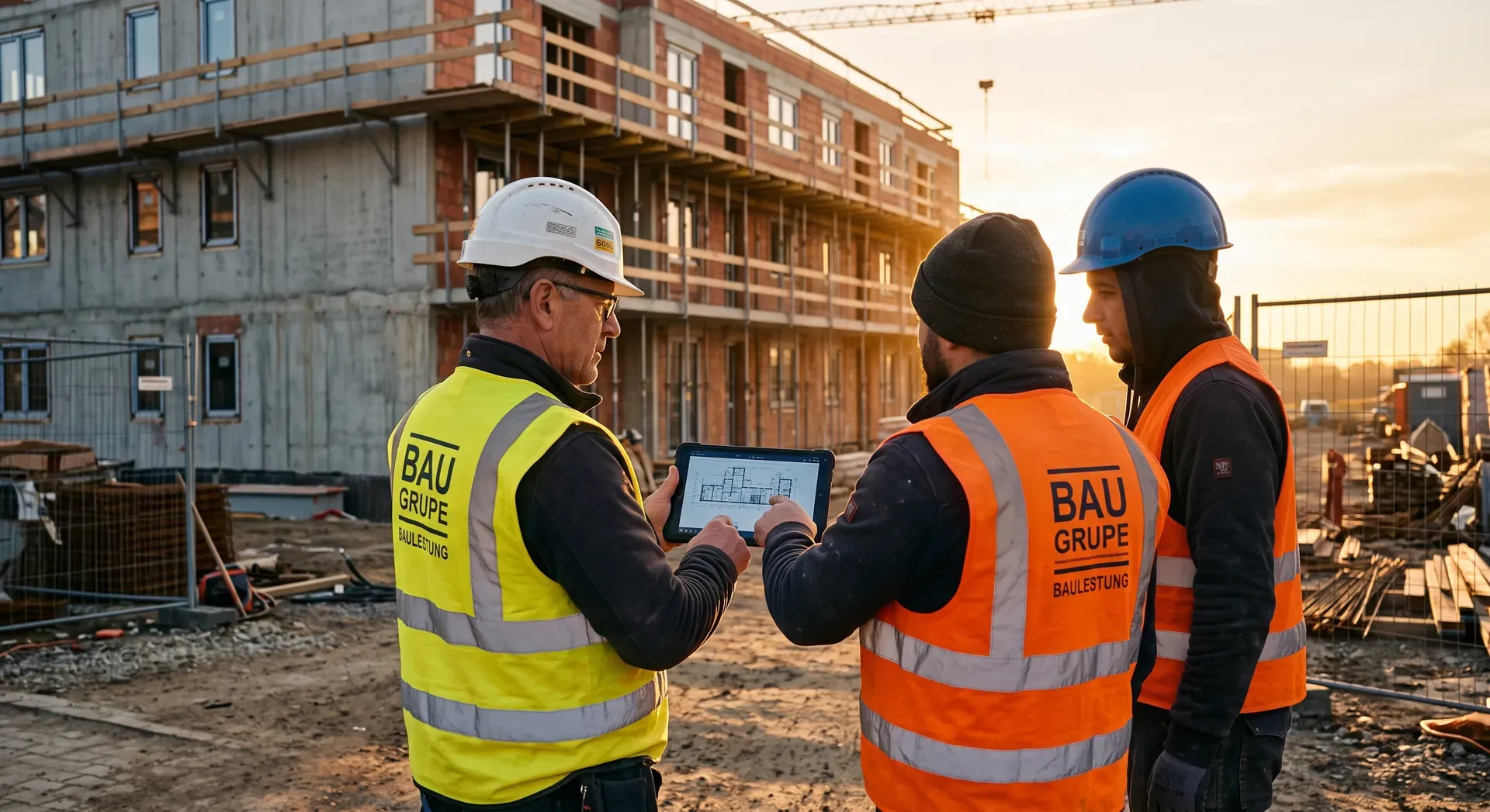 Bauleiter und zwei Fachkräfte aus Osteuropa besprechen Baupläne auf einer deutschen Baustelle